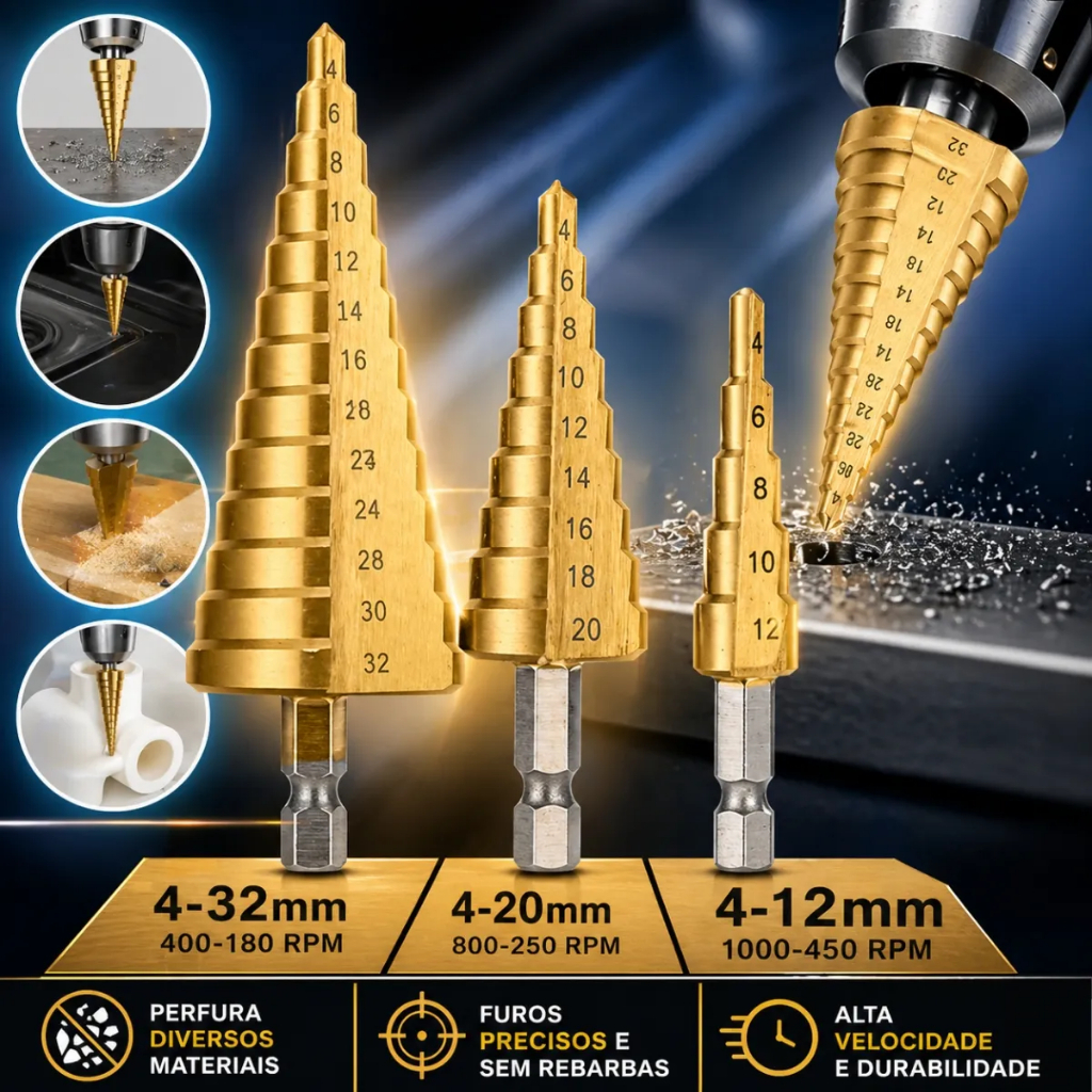 Kit 3 Brocas Escalonadas para Metal 4-12mm 4-20mm 4-32mm Aço Rápido HSS com Revestimento em Titânio LUATEK · foto 2