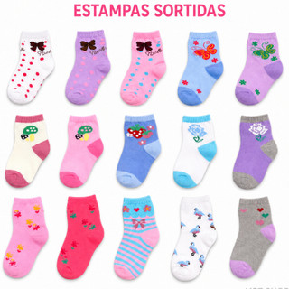 Kit 3 6 9 12 15 e 18 Pares de Meias Infantis Femininas 2 a 10 Anos Algodão
