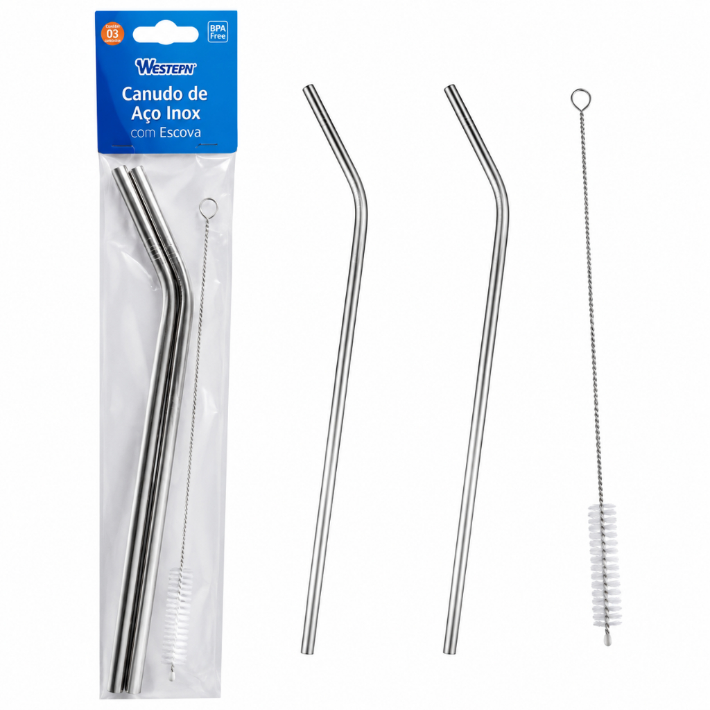 Kit 2 Canudos Aço Inox GROSSO EXTRA LONGO +1 Escova de Limpeza, Para Garrafas e Copos Altura