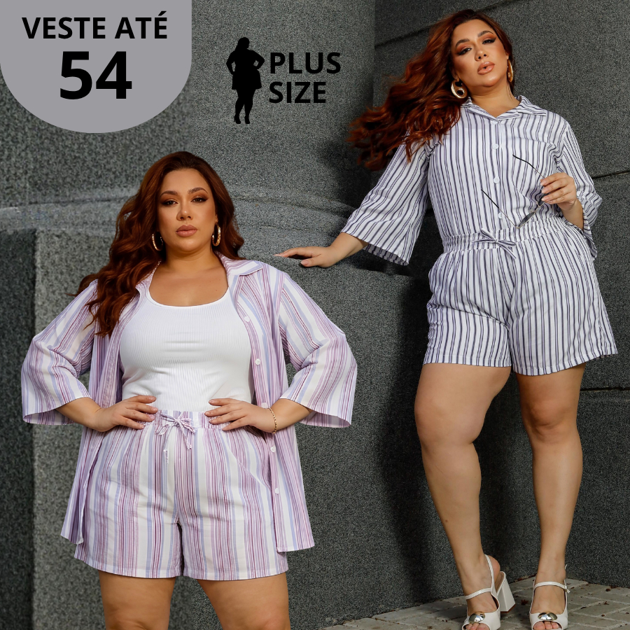 Conjunto Plus Size Alfaiataria De Short + Camisa Listrado Candy Elegante Soltinho E Básico