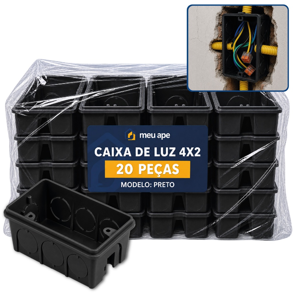 20 Caixa de Luz 4x2 Reforçada P/ Tomada Interruptor Embutir Preto Energia