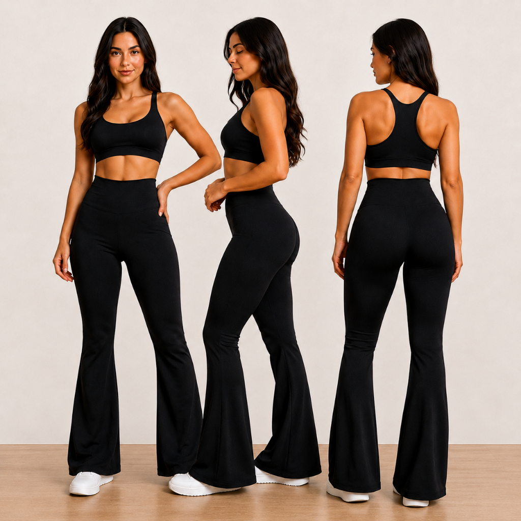 Kit 2 Calça Flare Feminina Suplex Premium Cintura Alta Modeladora Boca de Sino Zero Transparência