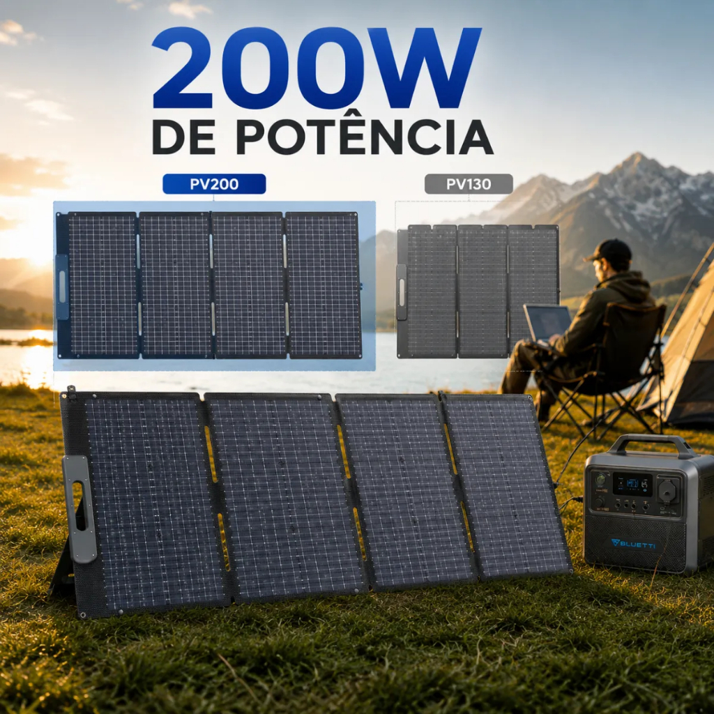 Placa Solar Portátil Bluetti PV200 200W Dobrável, Eficiência 23,4%, IP65, Conector MC4 para Estações de Energia