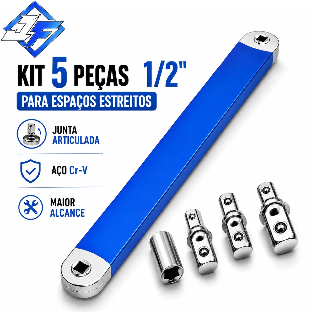 Kit 5 Extensões Multifuncionais 1/2" para Chave Catraca - Aço Cr-V Dupla Finalidade para Espaços Estreitos
