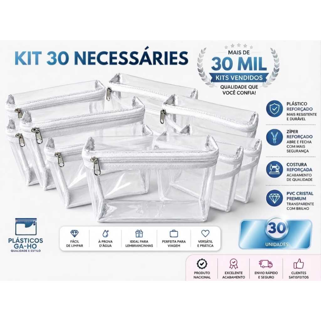 Necessarie- kit c/-30 unidades Zíper Branco e viés transparente - Organizador Frasqueira-Bolsa - Mala - kit festa- Ideal