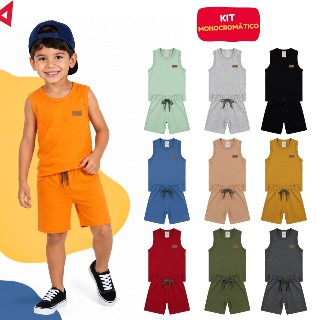 Kit 4 Peças Monocromáticas Infantis Regatas Menino Conjunto Liso Verão
