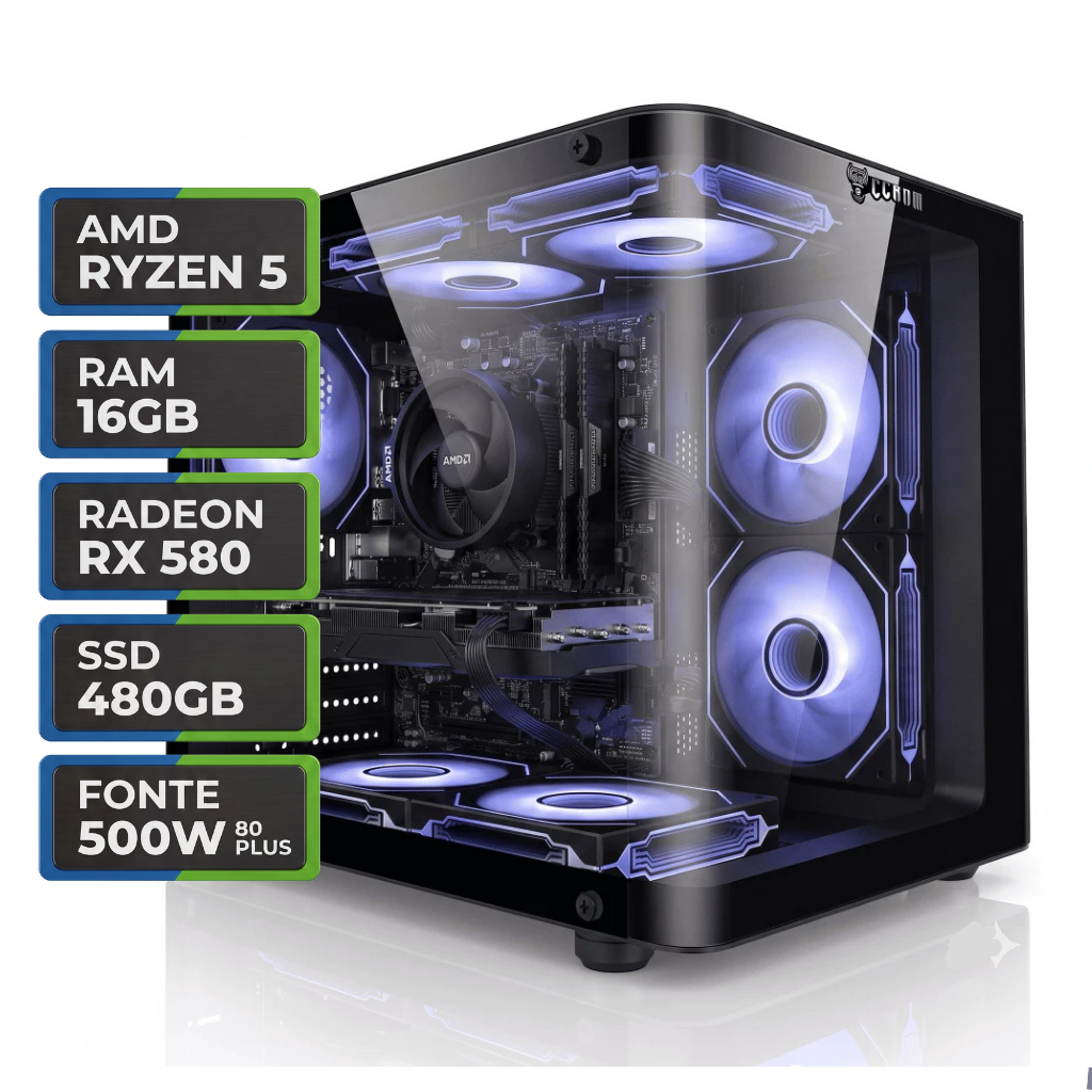 PC Gamer Uriel III, AMD Ryzen 5 5500, Radeon RX 580 8GB, 16GB DDR4, SSD 480GB, Fonte 500W 80 Plus