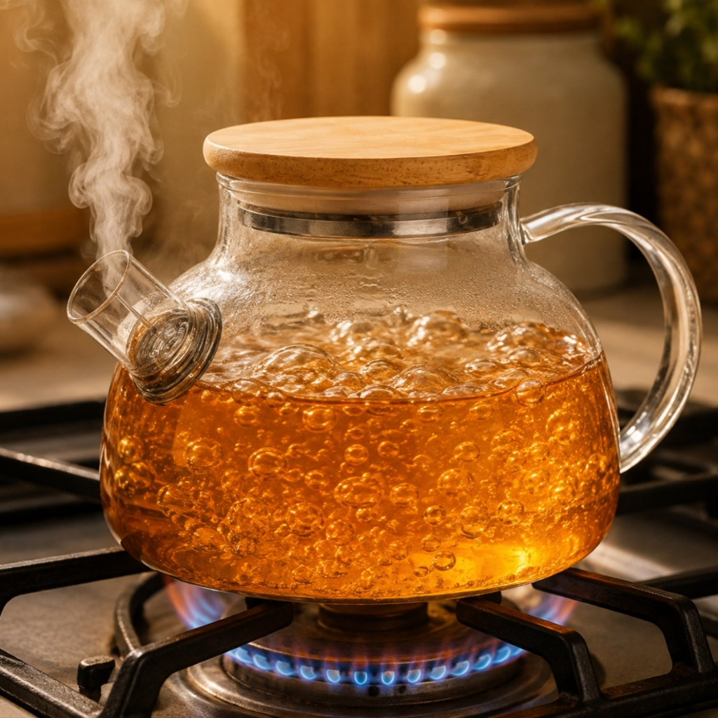 Chaleira de Vidro 1 Litro Coador Tampa de Bambu Premium Resistente a Calor De ir Fogo Bule Infusor