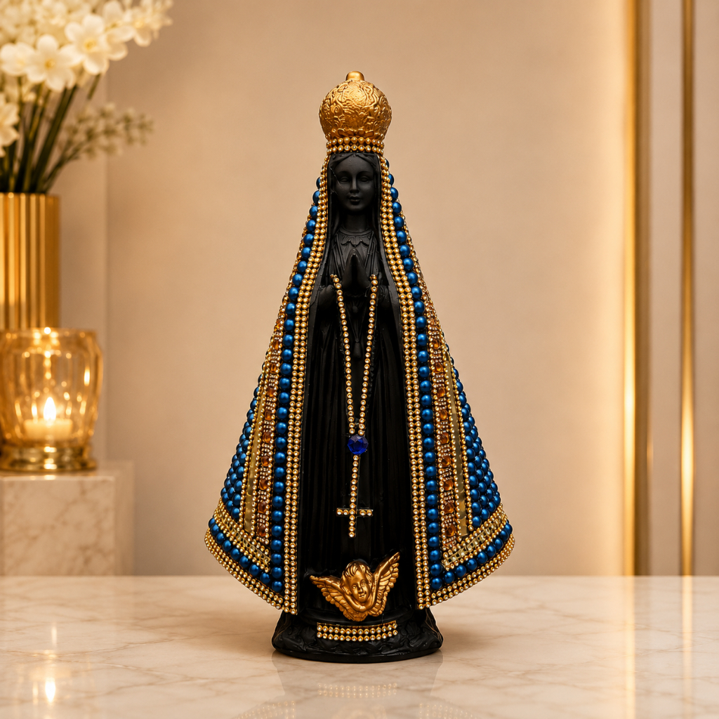 Imagem de Nossa Senhora Aparecida 33cm Preta de Pérola Azul Gesso