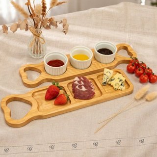 Petisqueira de Madeira Kit Petisqueira para Molhos com Trio de Ramequin de Porcelana Branca