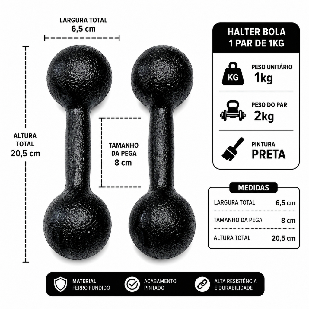 Halter Bola 1kg Par 2 Unidades Ferro Fundido Pintado Preto Academia Treino Musculação