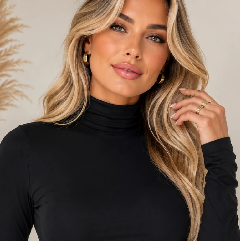 Kit 1/2 Blusa Feminina Cacharrel Gola Alta Manga Longa Canelada Segunda Pele Malha Básica Casual