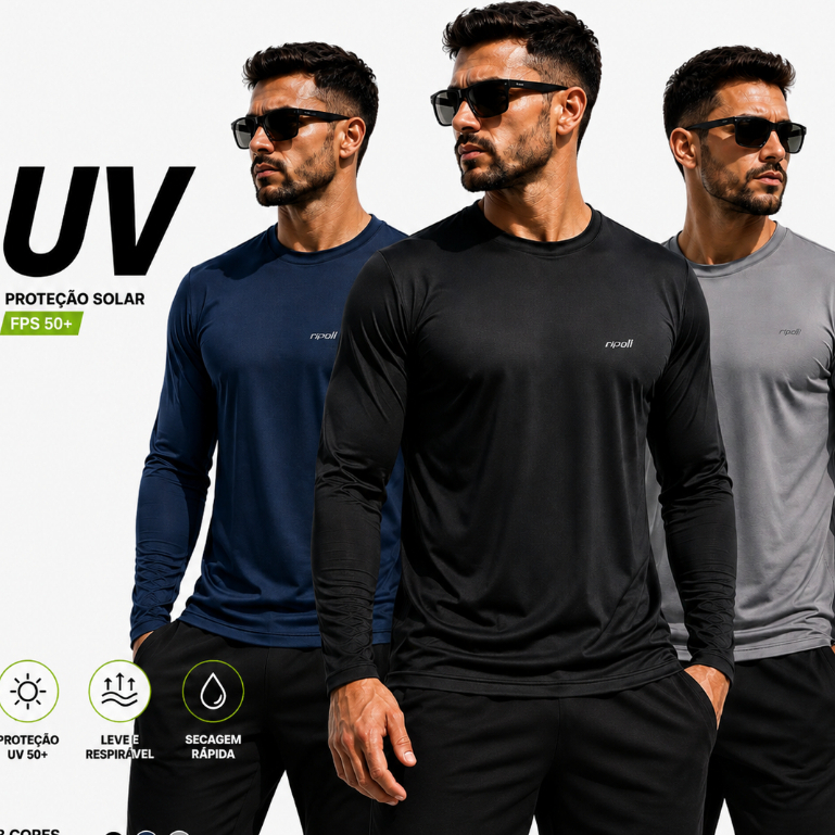 Kit 3 Camisa Camiseta Masculina Manga Longa Proteção Solar Uv Segunda Pele Malha Fria Praia Academia