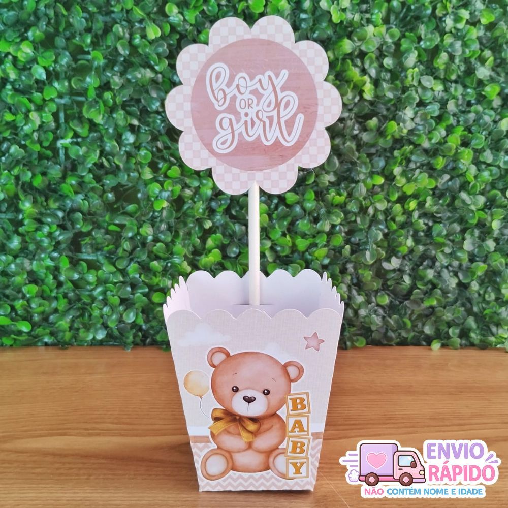 Centro de Mesa lembrancinhas decoração personalizados PEGUE E MONTE- Chá Revelação Ursinho Dourado