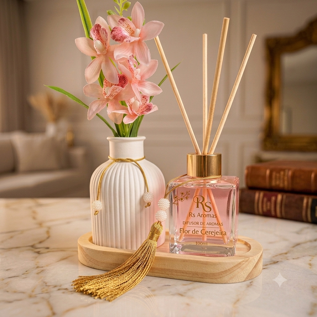 Imagem Kit Decorativo Luxo Difusor de Aromas + Vaso de Gesso com Flor Artificial Decoração Moderna