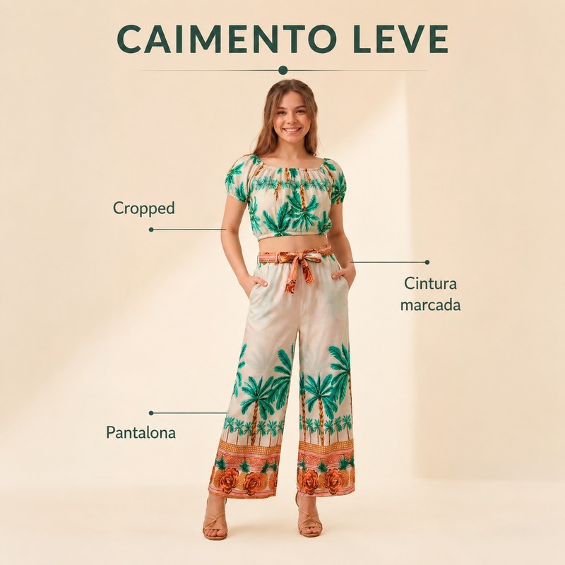 Conjunto Juvenil Feminino Cropped e Calça Pantalona Estampada Moda Menina Verão Tendência Confortável Tam 10 ao 16