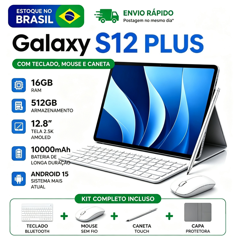 Tablet Galaxy S12plus16GB RAM +512GB HD 12,8 Polegadas Tela Android 15 Dual SIM Card Câmera 48MP WIFI 5G 【10000mAh】