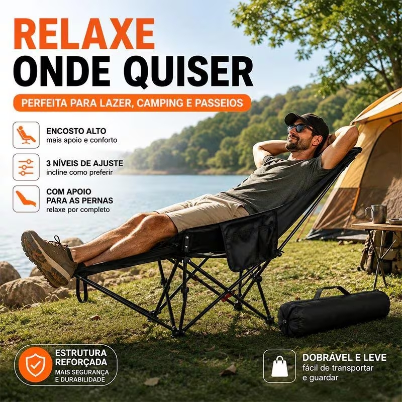 Cadeira Lunar Grande Dobrável 150kg com Elevação de Pernas 3 Velocidades para Camping, Praia e Pesca
