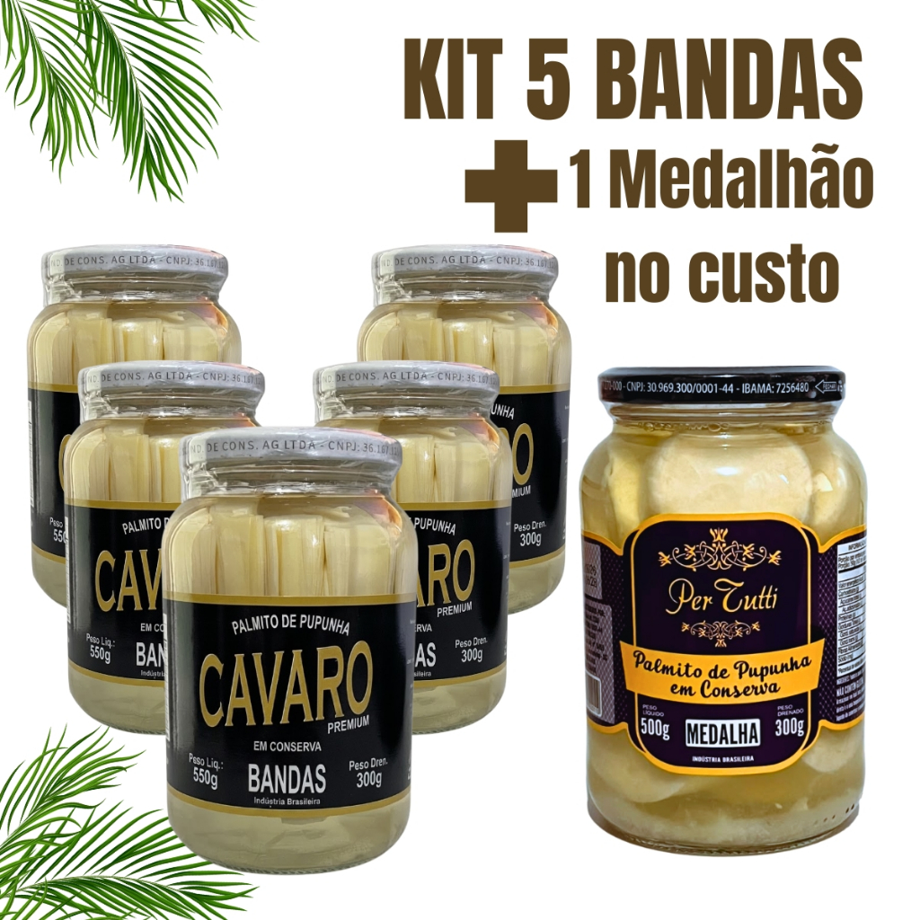 Kit 5 Palmito em Conserva Pupunha Banda Cavaro Premium + 1 Medalhão Per Tutti