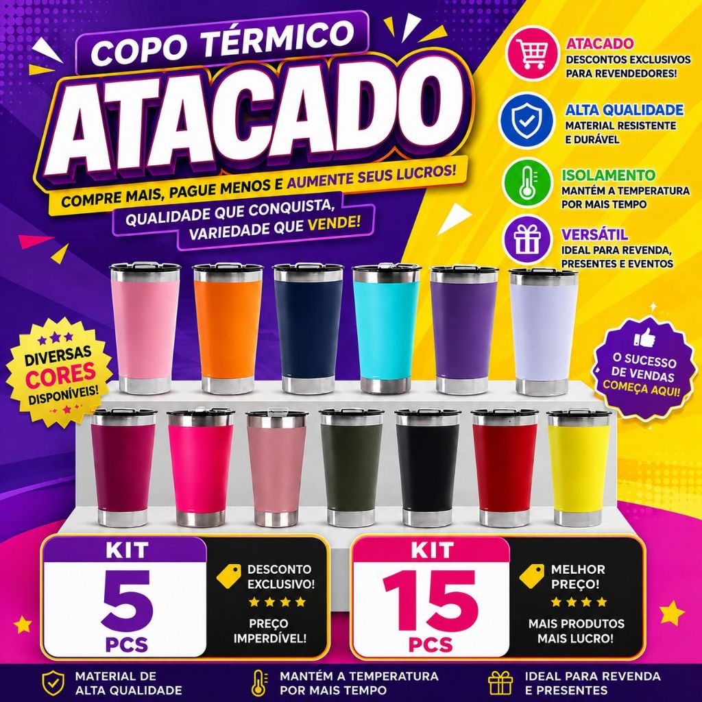 Kit 5/15Copos Térmicos 473ml Com Tampa e Abridor de Garrafas para Cerveja Em Diversas Cores