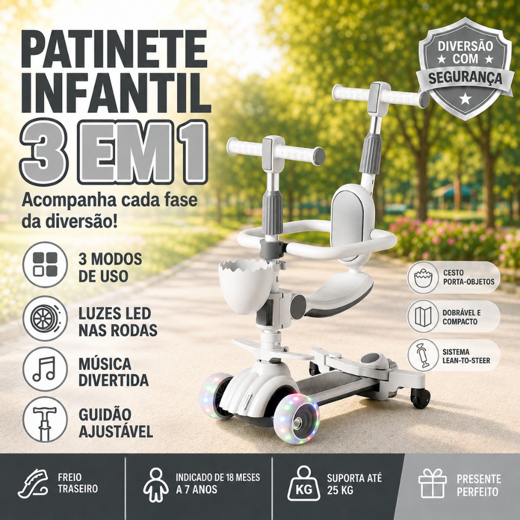 Patinete Infantil  3 em 1 Com Assento Musical Cestinha 3 Rodas Guidão Ajustável Dobrável - Cinza