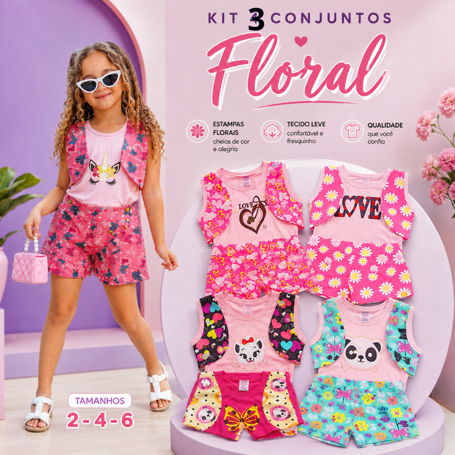 KIT 3 Conjuntos Infantil Menina FLORAL Para Criança com  Elástico e Confortável Feminino Verão tamanho 2 4 6 Anos