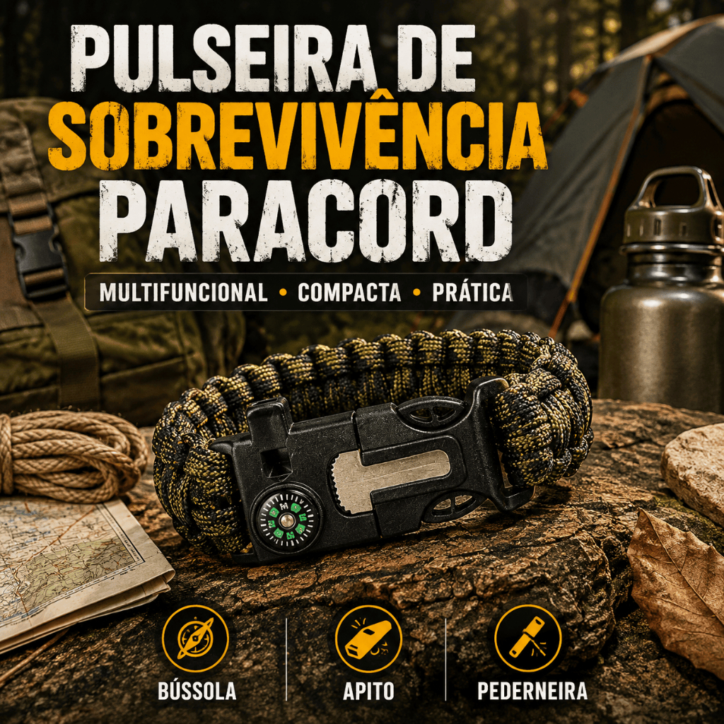 Pulseira de Sobrevivência Paracord Multifuncional com Bússola Apito Pederneira para Camping Trilha Pesca Trekking