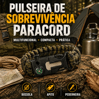 Pulseira de Sobrevivência Paracord Multifuncional com Bússola Apito Pederneira para Camping Trilha Pesca Trekking