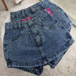 Short Saia Jeans Feminino Cintura Alta Com Strass Lavagem Marmorizada |VERÃO