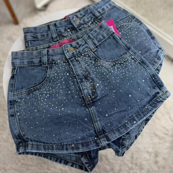 Short Saia Jeans Feminino Cintura Alta Com Strass Lavagem Marmorizada |VERÃO