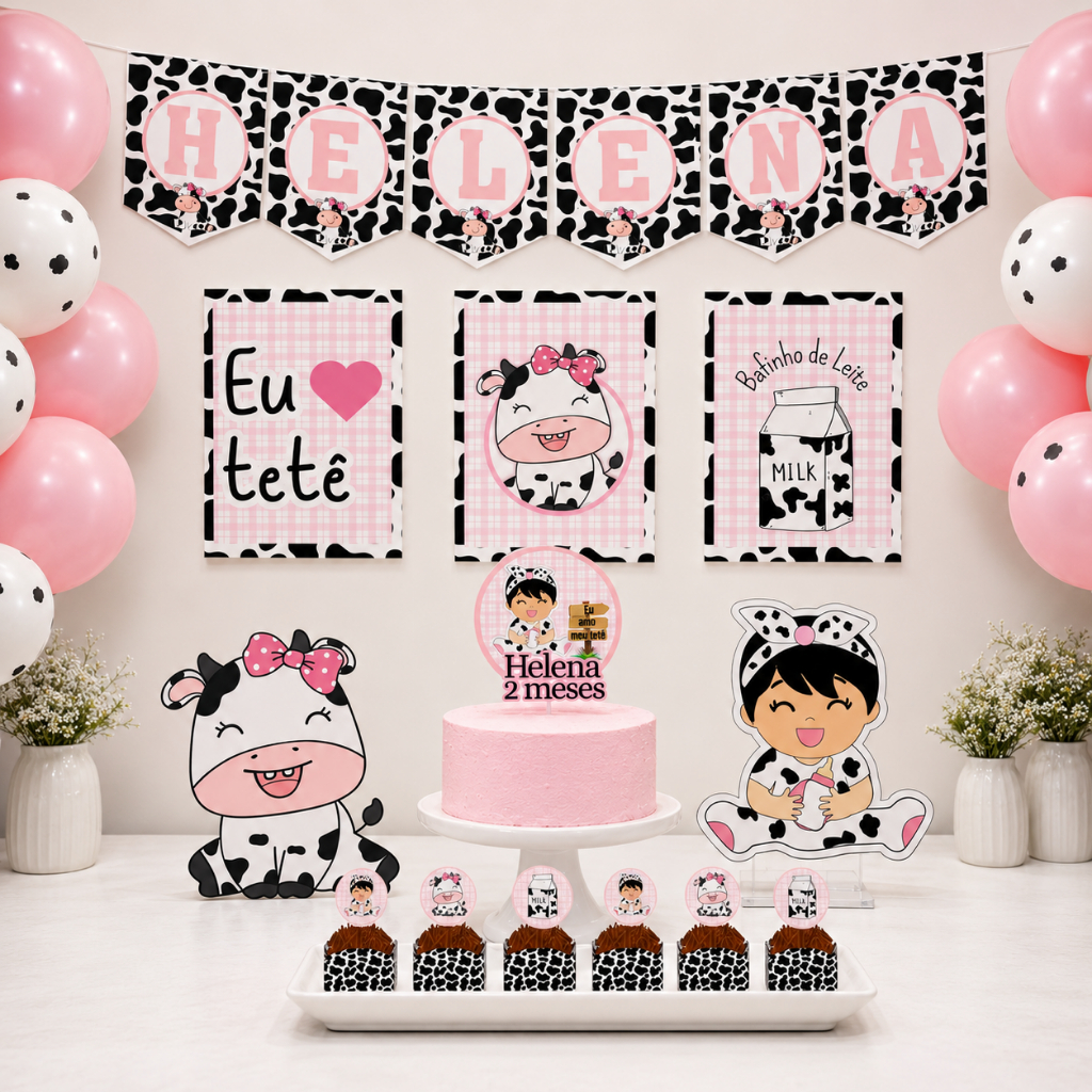 Kit Festa Vaquinha Rosa Personalizado Eu amo Tetê | Decoração só um bolinho | Aniversario em casa