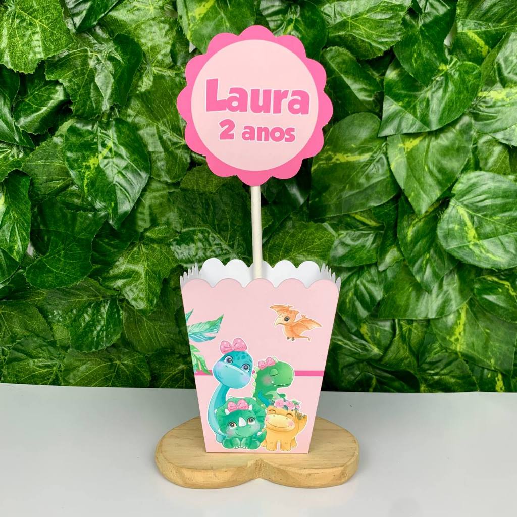Centro de Mesa Dino Baby Rosa / Cachepô Personalizado Lembrancinha para Festa Infantil