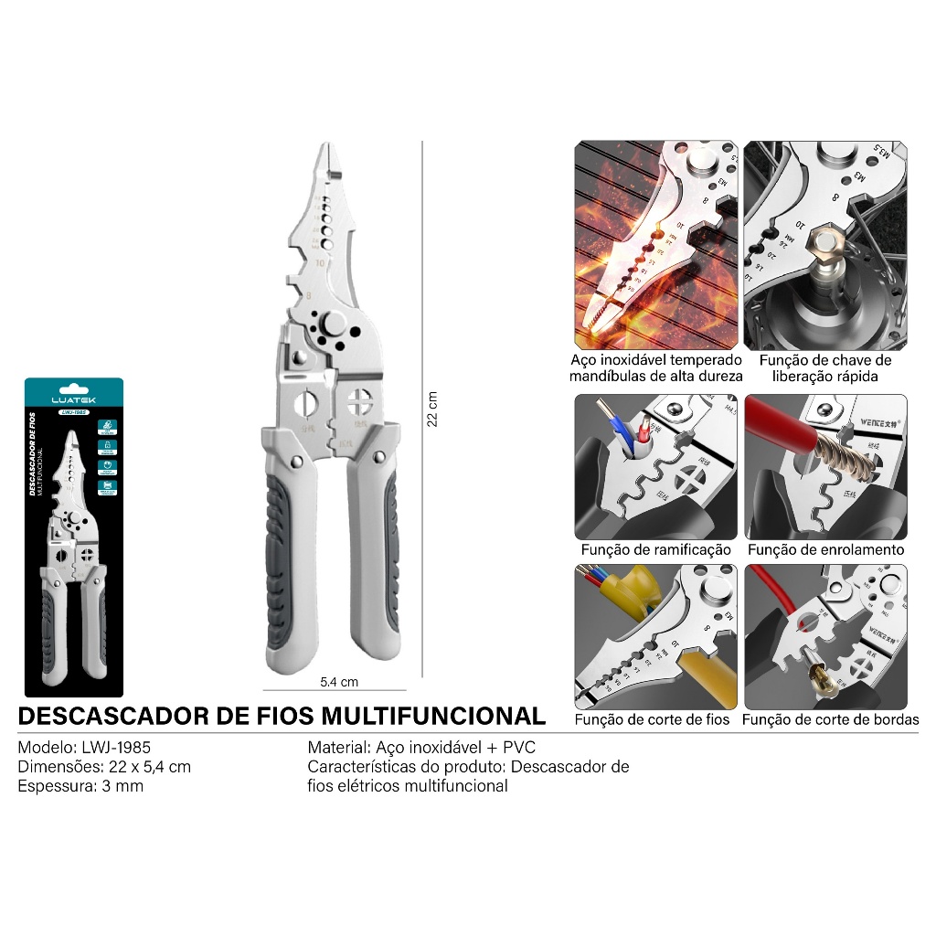Alicate Eletricista Multifuncional LUATEK LWJ-1985 para Desencapar e Cortar Fios · foto 2