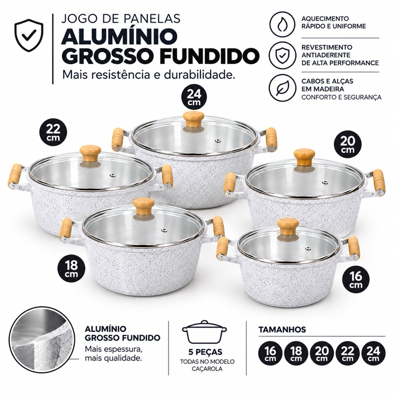 Jogo de Panelas Alumínio Fundido Grosso Branco com Tampas de Vidro