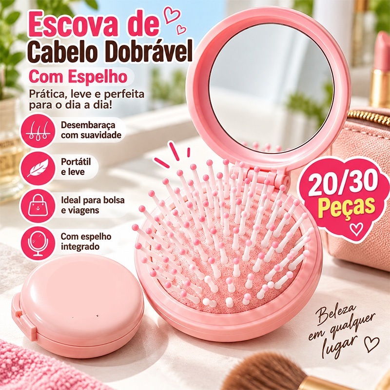 Kit 20/30 Peças Mini Escova de Cabelo Dobrável com Espelho Portátil Compacta para Bolsa Viagem