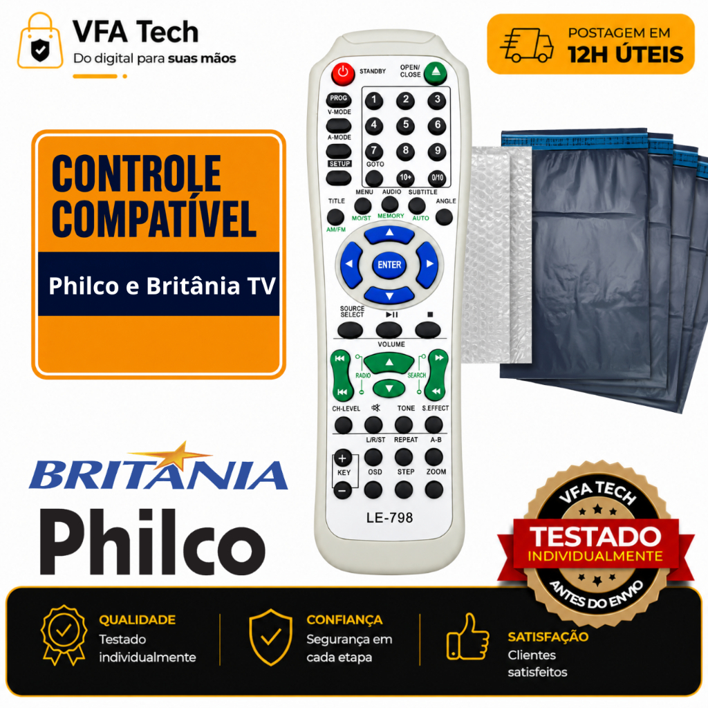 Controle Remoto Compatível Home Philco e Britânia | LE-798 | Alta Qualidade | Testado | Envio em 12h úteis