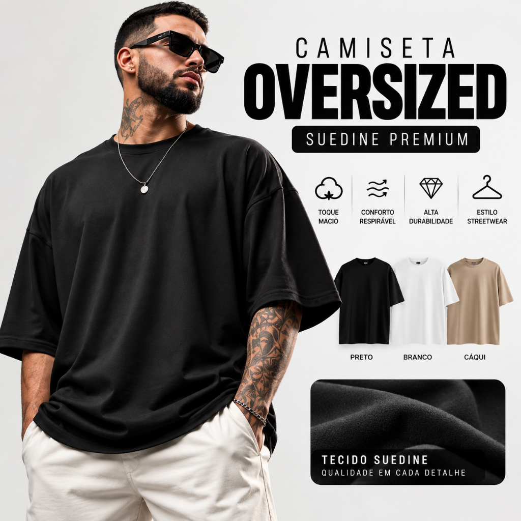 Camiseta Masculina Oversized Premium em Suedine | Camisa Streetwear Masculina Confortável, Estilo Urbano e Caimento Ampl