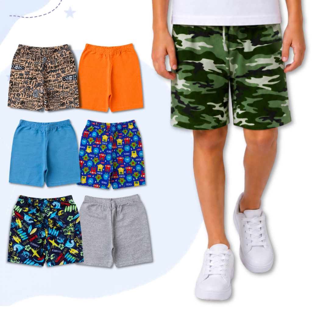 Kit 5 Peças Bermudas Para Meninos C/ Cores e Estampas Sortidas Infantil Masculino Tamanho 1 ao 14