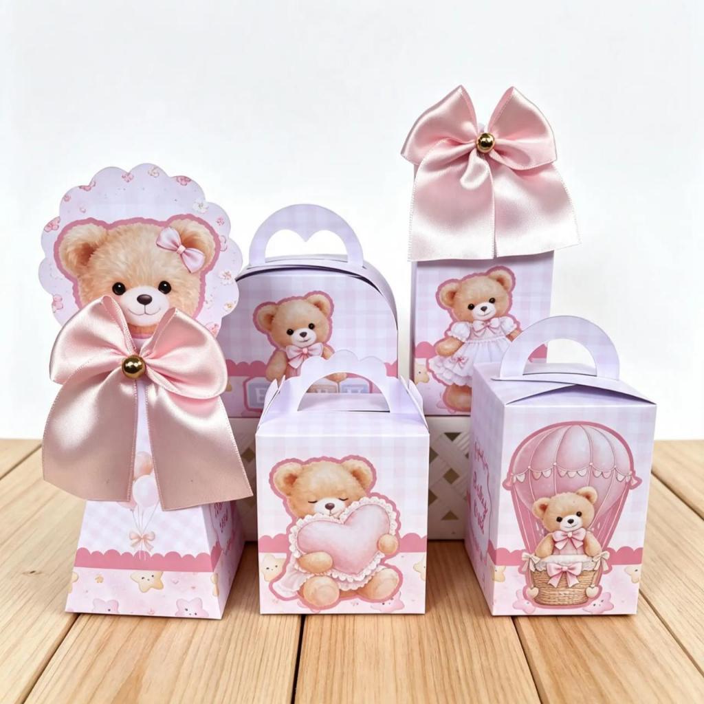Kit Ursinha Rosa Personalizado – Caixinhas para Lembrancinhas | Festa Infantil | MONTADO | com laço