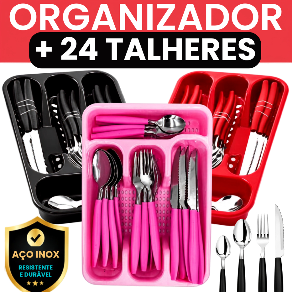 JOGO DE TALHERES 25 PEÇAS AÇO INOX CABO DE PLÁSTICO FAQUEIRO GARFOS FACAS COLHERES DE COZINHA + ORGANIZADOR DE GAVETA