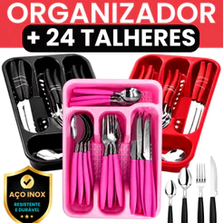 JOGO DE TALHERES 25 PEÇAS AÇO INOX CABO DE PLÁSTICO FAQUEIRO GARFOS FACAS COLHERES DE COZINHA + ORGANIZADOR DE GAVETA