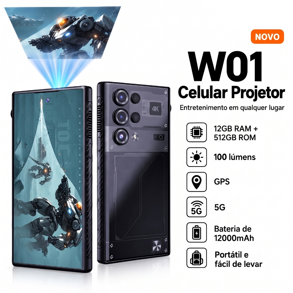 Novo Celular com Projetor Smartphone 12GBRAM+512GBROM Android 14  5G WIFI Dual SIM Bateria De 8000mAh，Tela6.79“