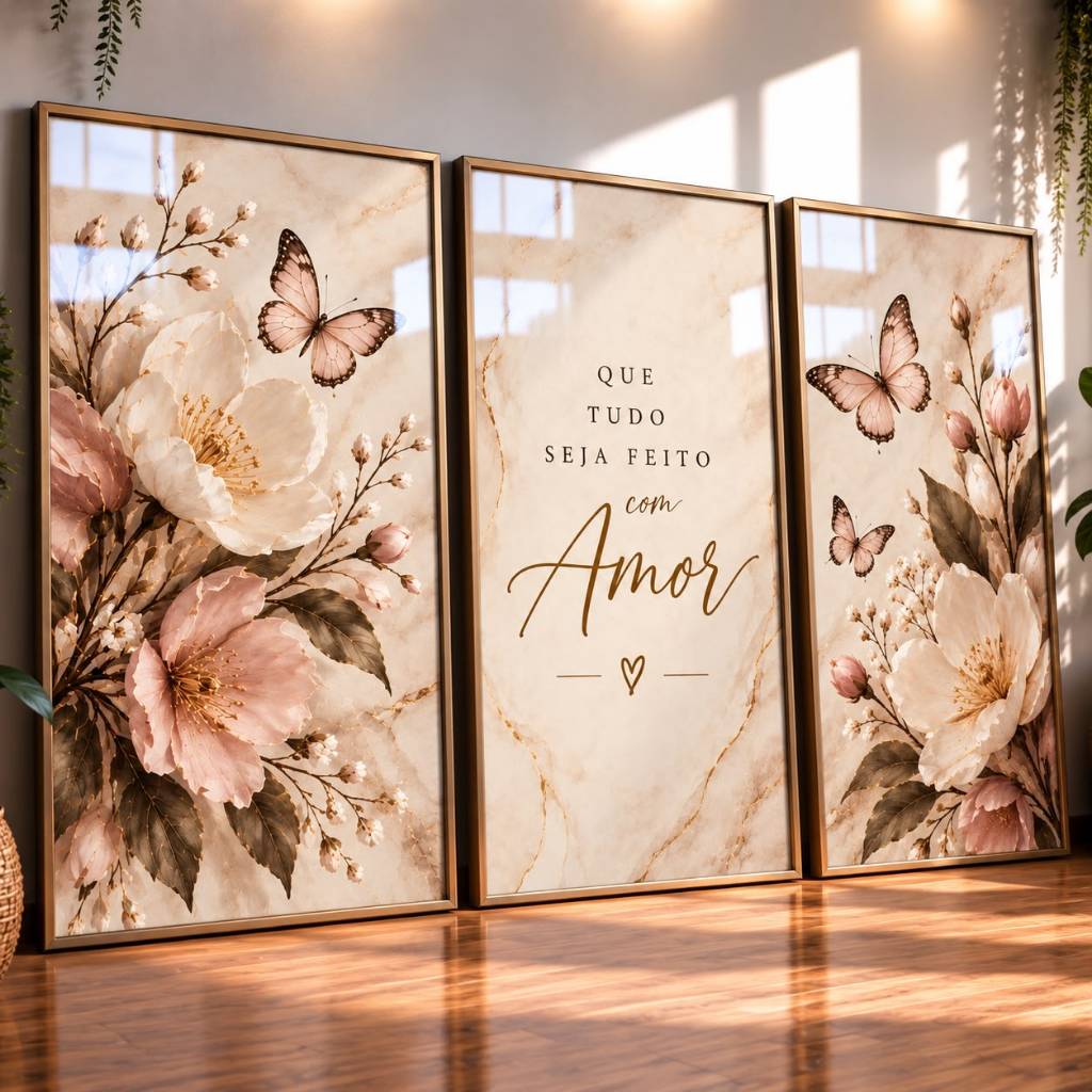 Quadros Decorativos Floral com Borboletas Kit 3 Peças Que Tudo Seja Feito com Amor para Sala Quarto