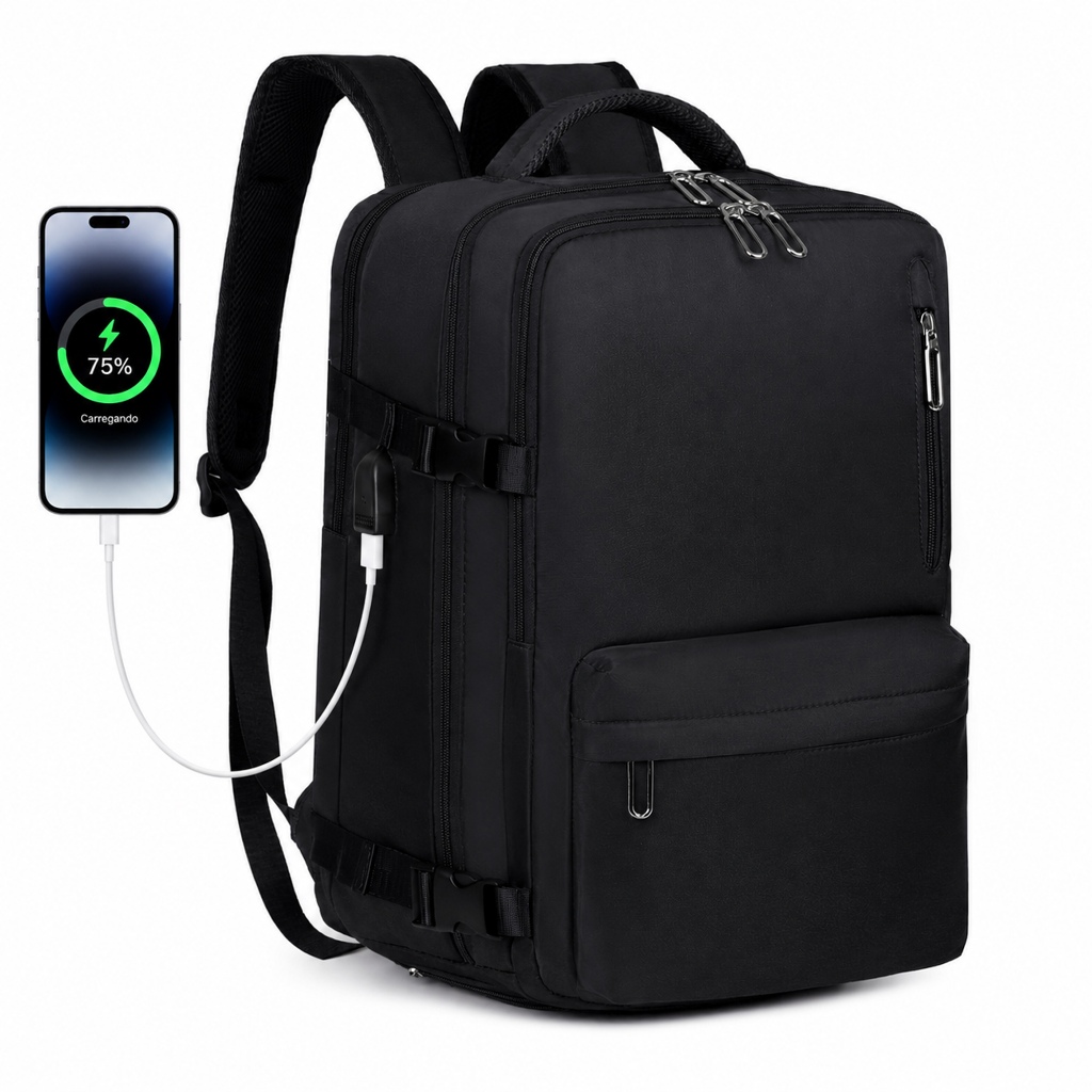 Mochila Viagem Expansível Unissex Grande Capacidade com USB, Notebook e Compartimento para Sapatos