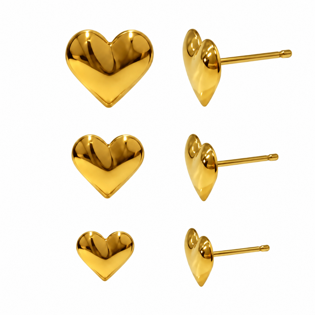 Trio Brinco Coração Dourado Banhado a Ouro 18K T: 5/7/9mm