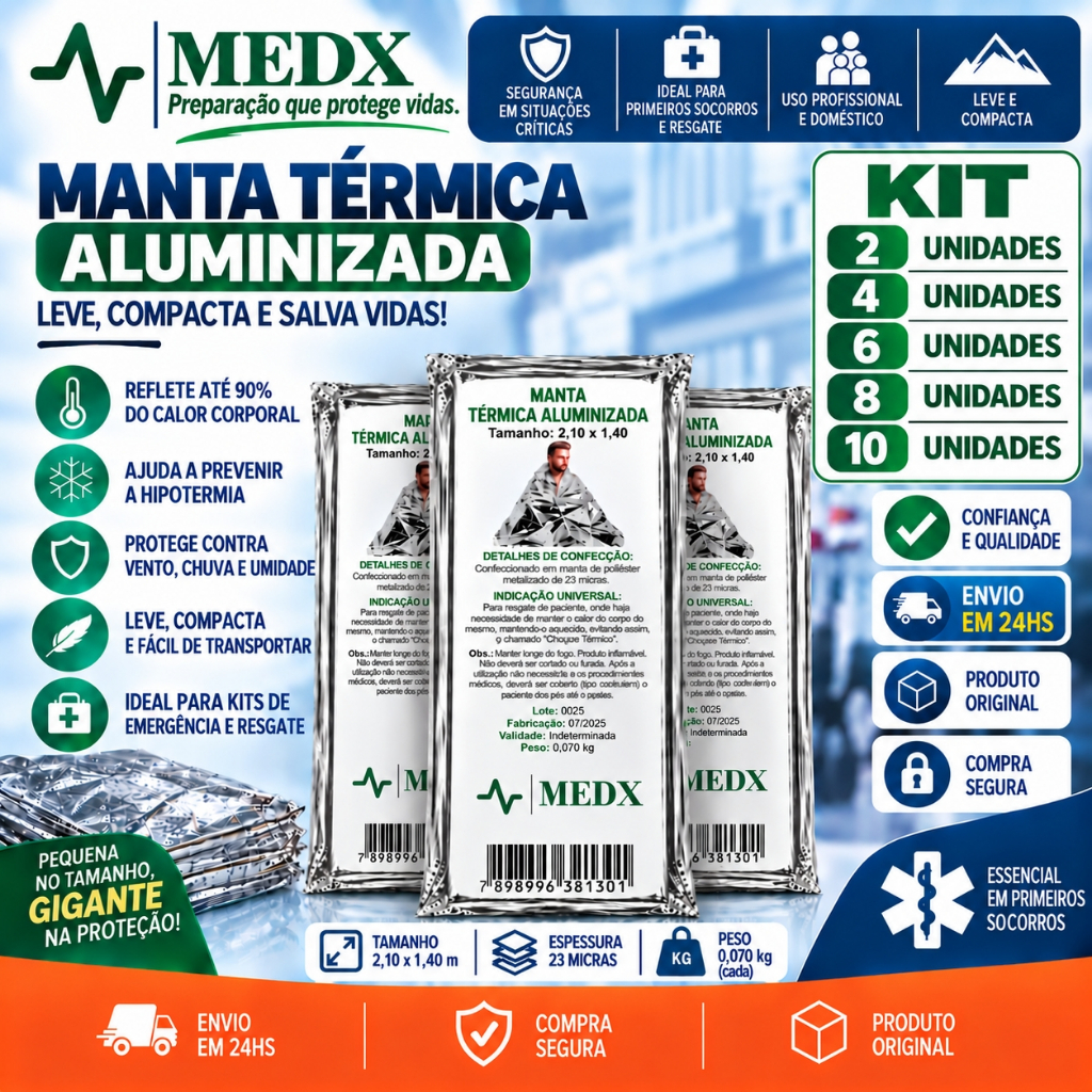 Cobertor Manta Térmica Aluminizado Para Resgate, Emergência e Camping - KIT com 2 ,4 ,6 ,8 ,10 UN