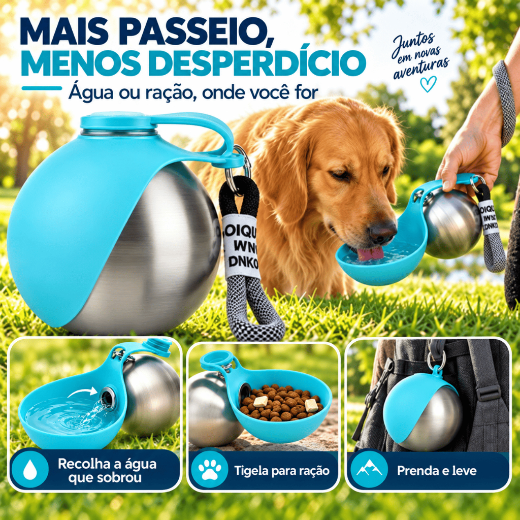 Garrafa Bebedouro Portátil para Cachorro e Gato com Tigela, Ideal para Viagem, Passeio e Pets, Água e Ração