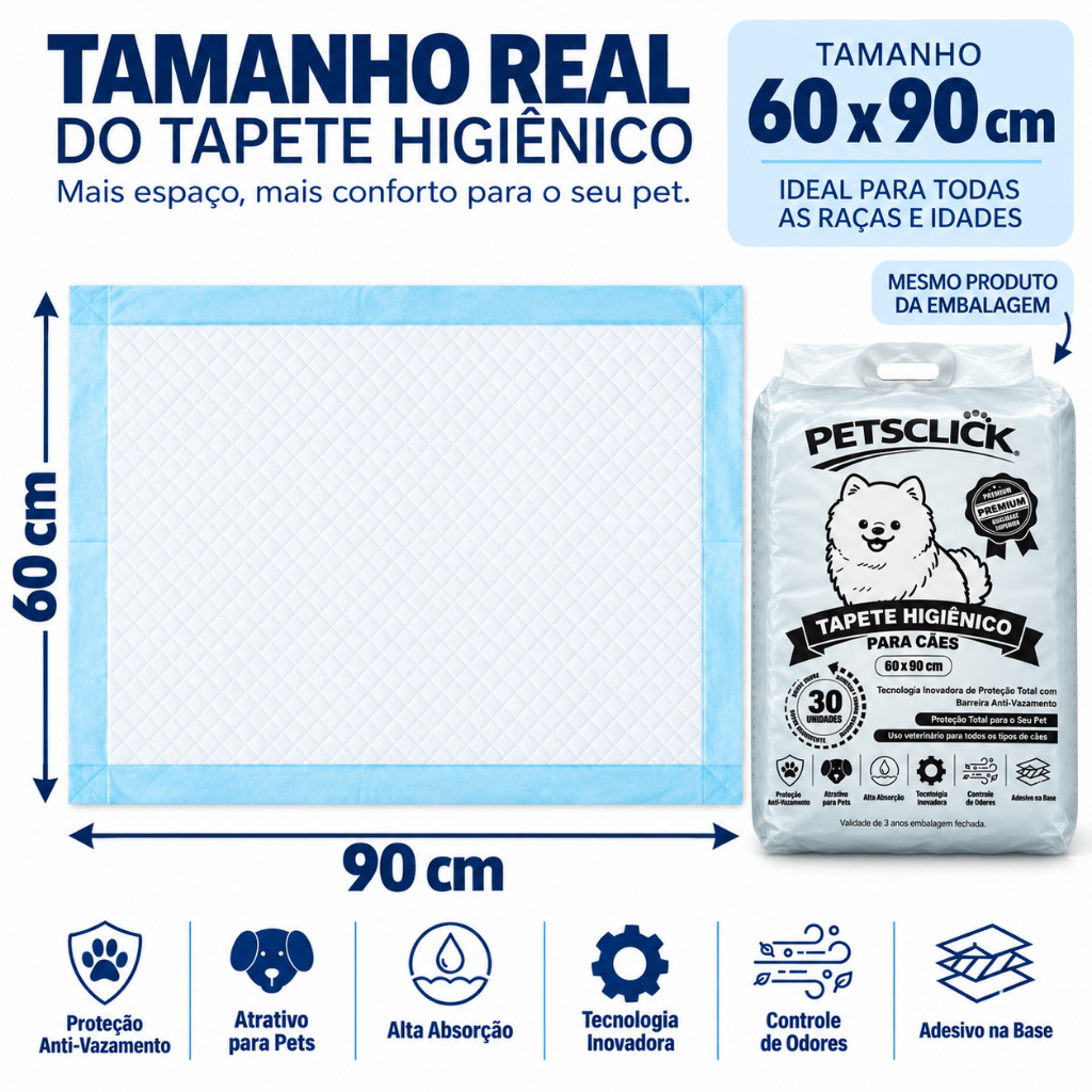 Tapete Higiênico Petsclick 30 Unidades 60x90 Para Cães Pet Branco