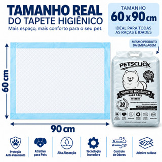 Tapete Higiênico Petsclick 30 Unidades 60x90 Para Cães Pet Branco