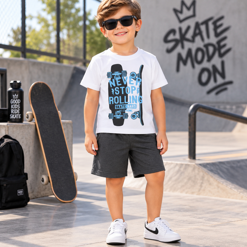 Conjunto Infantil Masculino Camiseta 100% Algodão + Bermuda Moletinho Confortável
